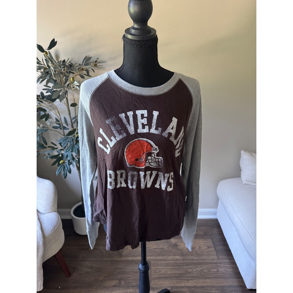 Touch Stadium Cleveland Browns Raglan Thermal Sleeve Shirt Brown Grey XL